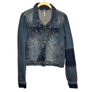 Free People Rumors Denim Jean Jacket Small Blue Button Front Cropped Patchwork